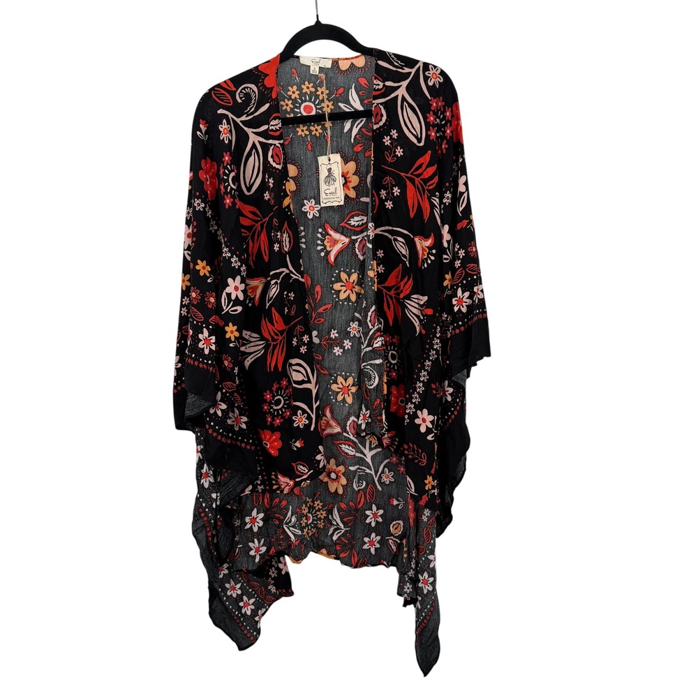 Easel Women S Kimono Wrap Black Floral Print Open Front Boho Cardigan Hippie NWT